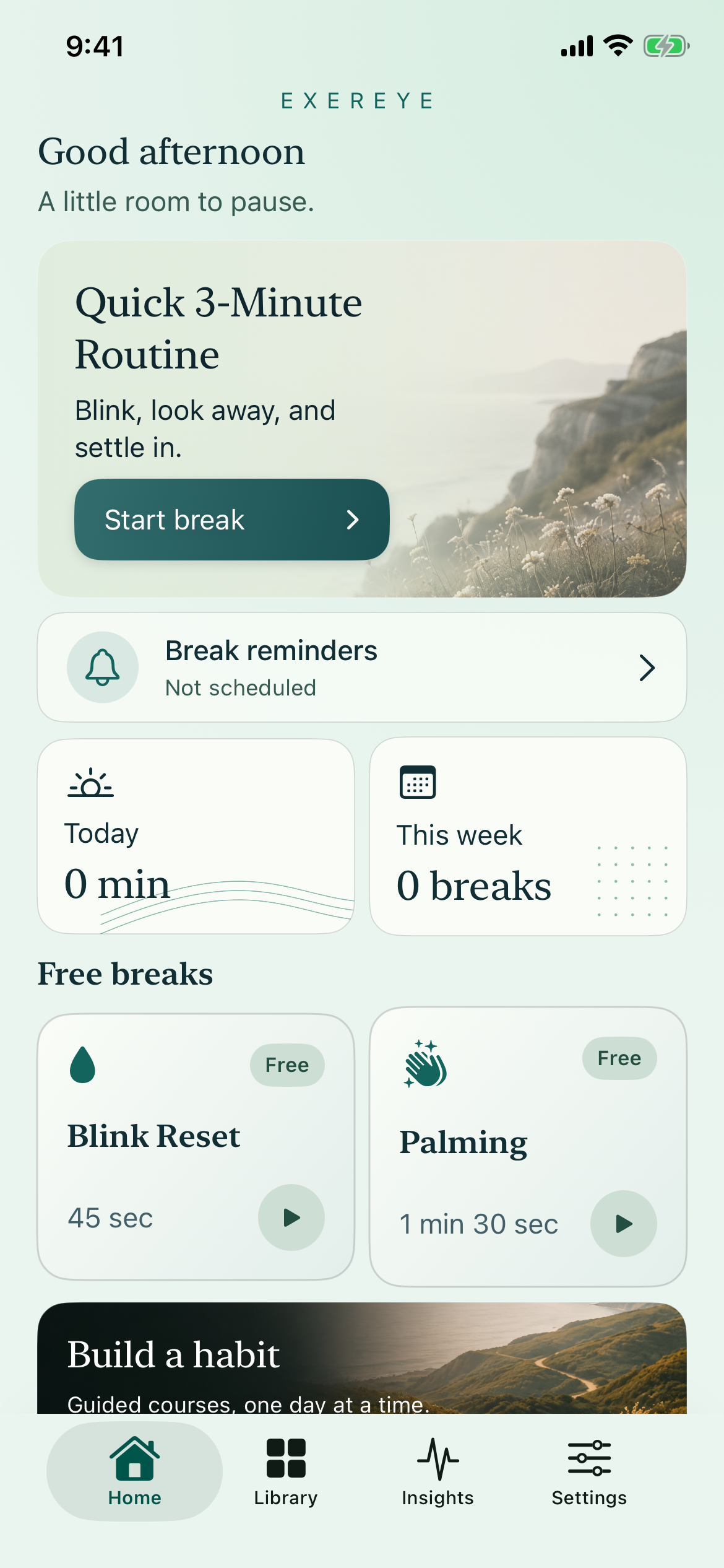 Exereye Home with the Quick 3-Minute Routine, break reminders, activity totals, and free exercises.